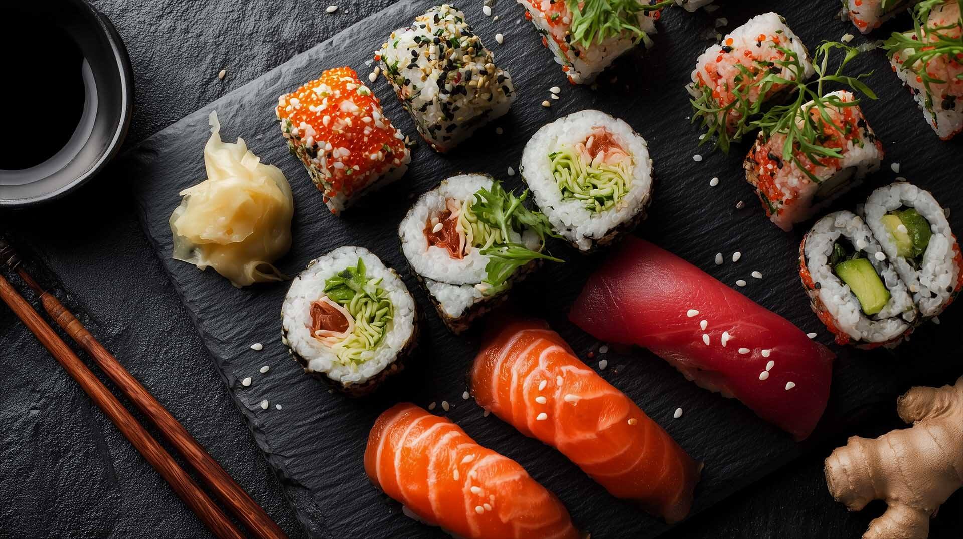Top view of sushi displayed on a slate plate